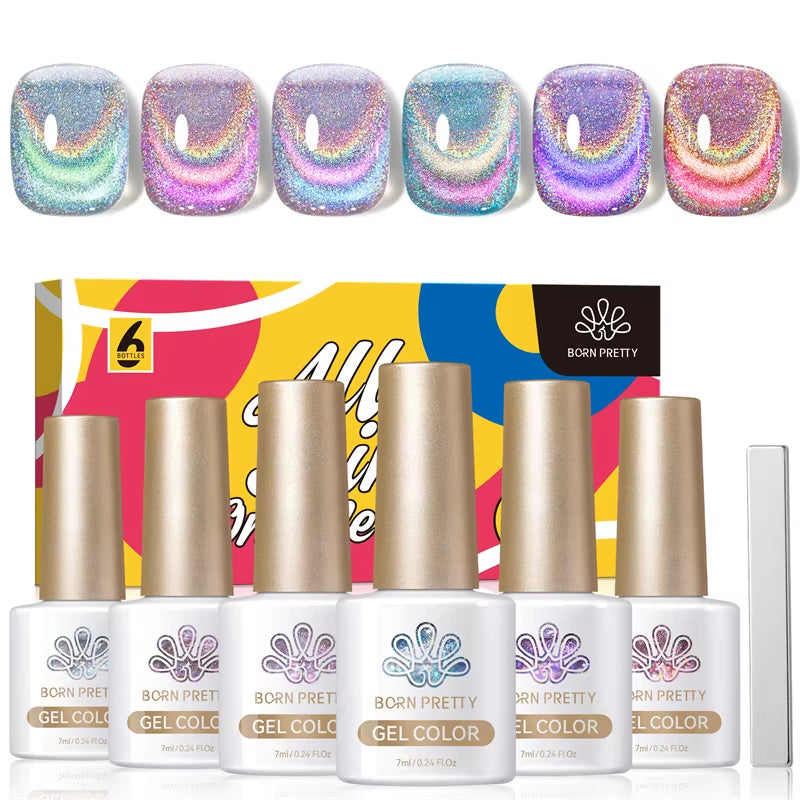 6PCS Pink Ocean Cat Nail Gel Polish Set with Magnet Stick Jelly Holographics Magnetic Nail Kit Salon Art Manicure