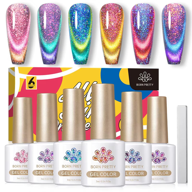 6PCS Pink Ocean Cat Nail Gel Polish Set with Magnet Stick Jelly Holographics Magnetic Nail Kit Salon Art Manicure